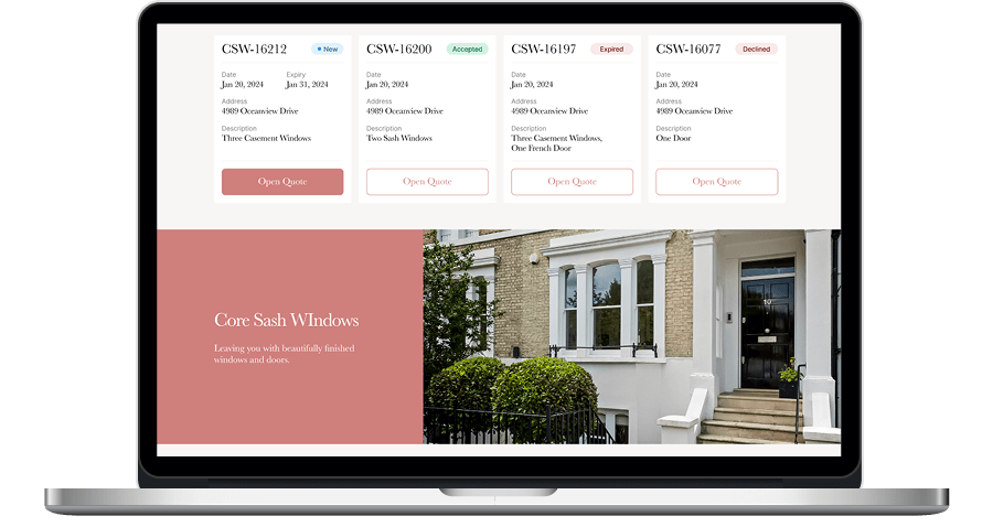 A laptop displays a website with four quote cards at the top, each showing a quote number, date, address, description, status, and Open Quote button. Below is a section with Core Sash Windows text beside a photo of a white house with black door and sash windows.