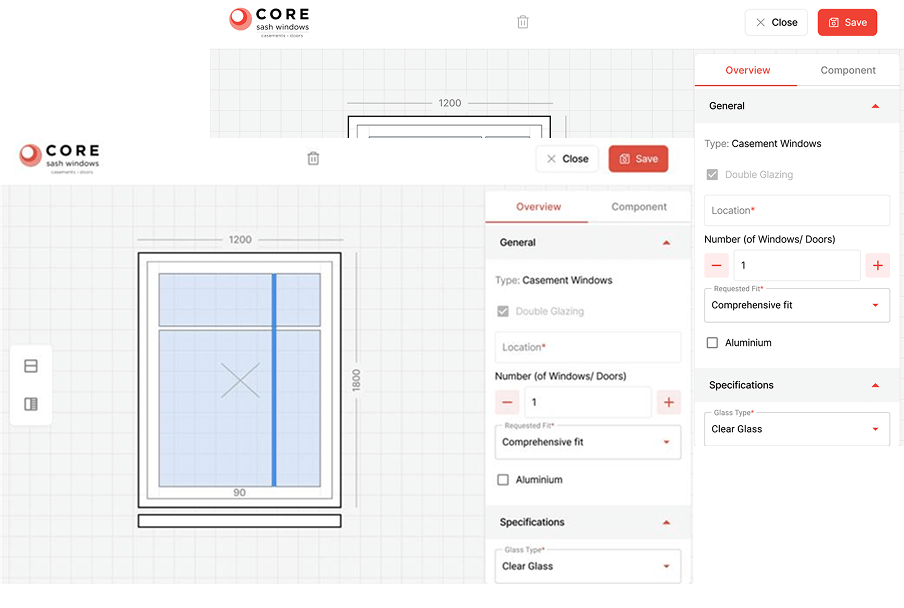 Screenshot of a window design app interface showing a diagram of a casement window with dimensions. A side panel displays options: window type, double glazing, quantity, frame (aluminum), and glass type, with buttons to close or save at the top.