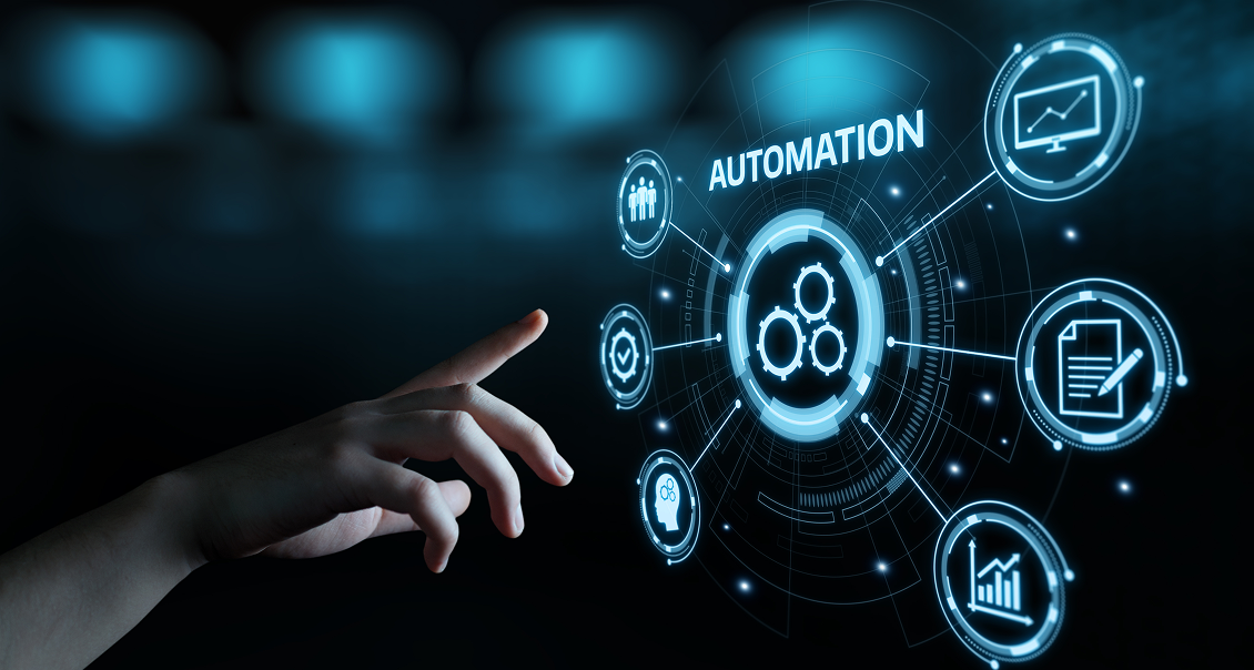 A hand reaches toward a glowing digital interface labeled AUTOMATION at the center, surrounded by icons representing charts, documents, gears, people, and graphs, symbolizing various business automation processes on a dark tech-inspired background.