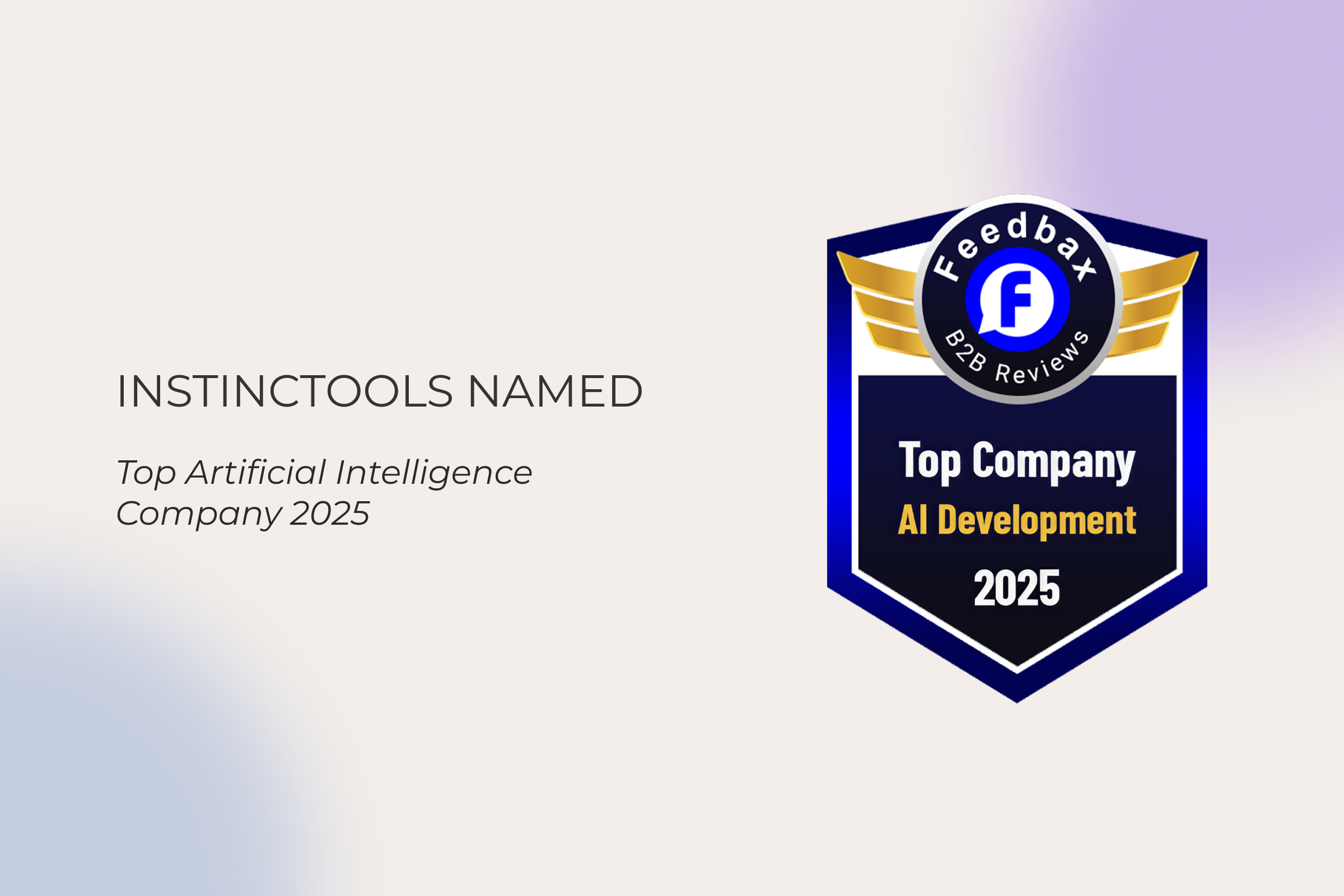 A graphic with “INSTINCTTOOLS NAMED Top Artificial Intelligence Company 2025” on the left, and an award badge on the right reading “Feedbax B2B Reviews, Top Company AI Development 2025” in blue, gold, black, and white.