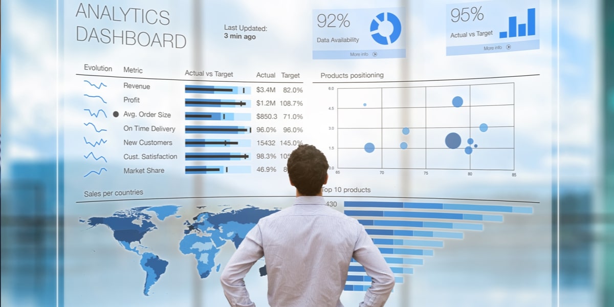 Professional examining a futuristic analytics dashboard with global metrics