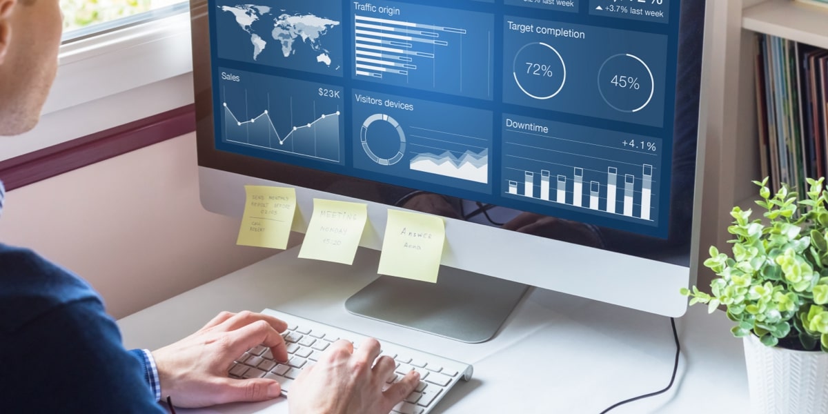 Data analyst working on a computer with multiple business intelligence dashboards