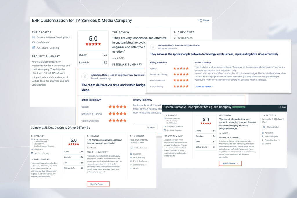 reviews on *instinctools' outsourcing services from Clutch and Goodfirms