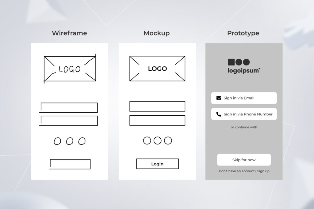 examples of every stage of product design, from a wireframe to a mockup to a prototype