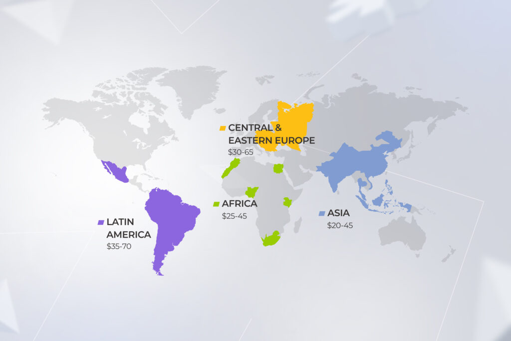 a world map with the best countries to outsource web development