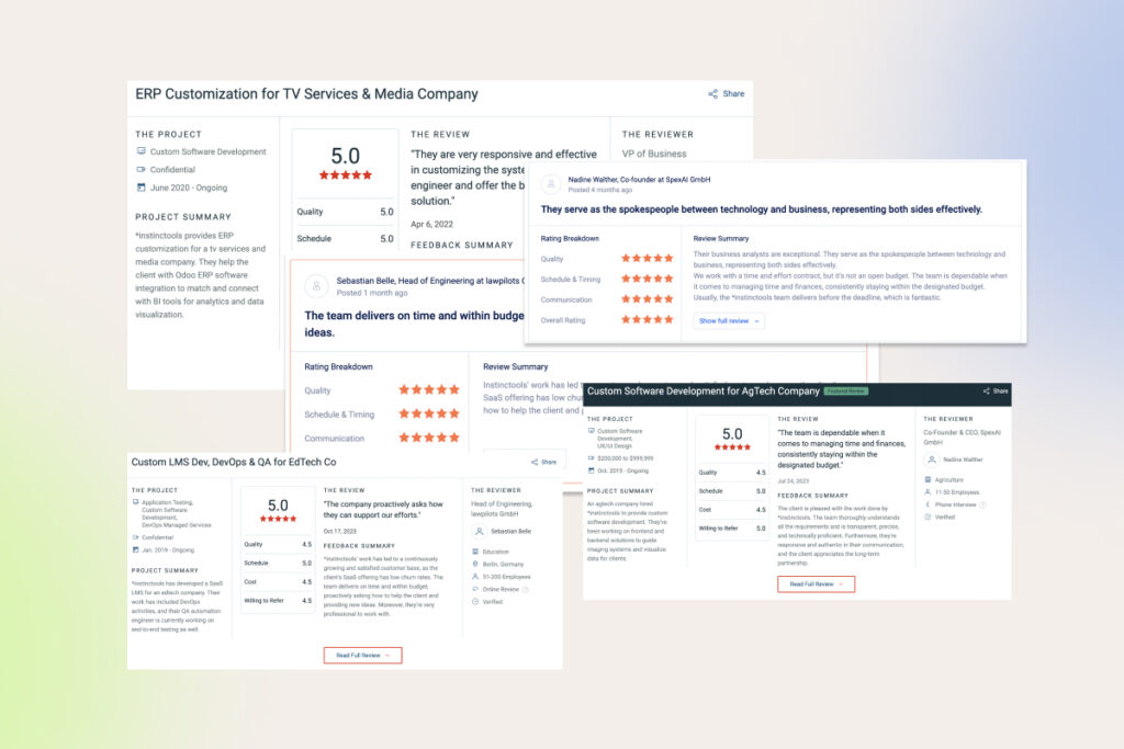 Client reviews highlighting *instinctools' ERP customization and software development services, with top ratings in quality and reliability.