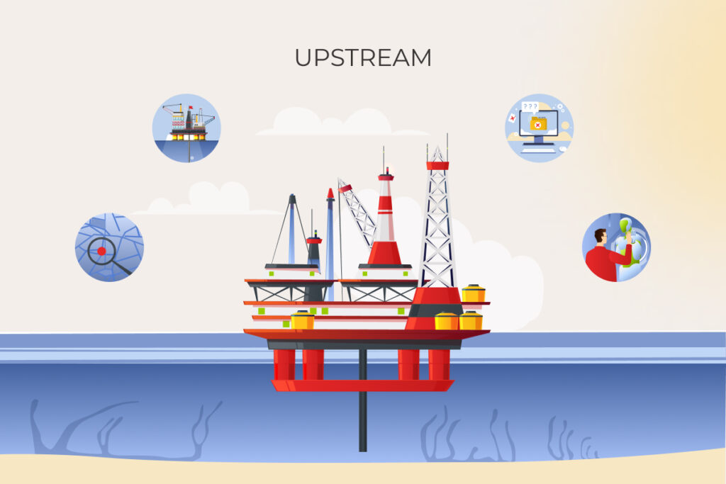 Illustration of an offshore oil rig in the upstream energy sector, surrounded by icons representing exploration, analysis, and technology