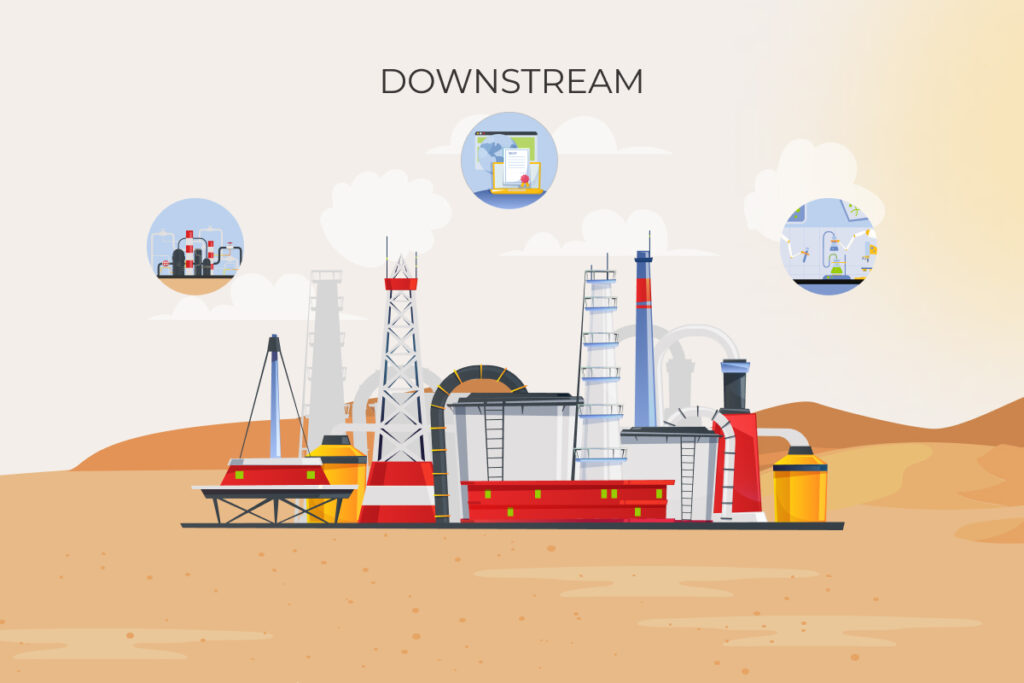 Illustration of the downstream energy sector showing a refinery, pipelines, and icons representing processing, distribution, and documentation