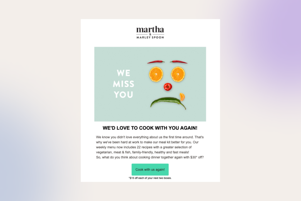 An example of a re-engagement campaign by Martha & Marley Spoon