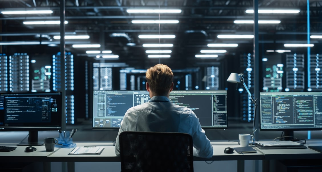 Software engineer analyzing code on multiple monitors in a data centersk group