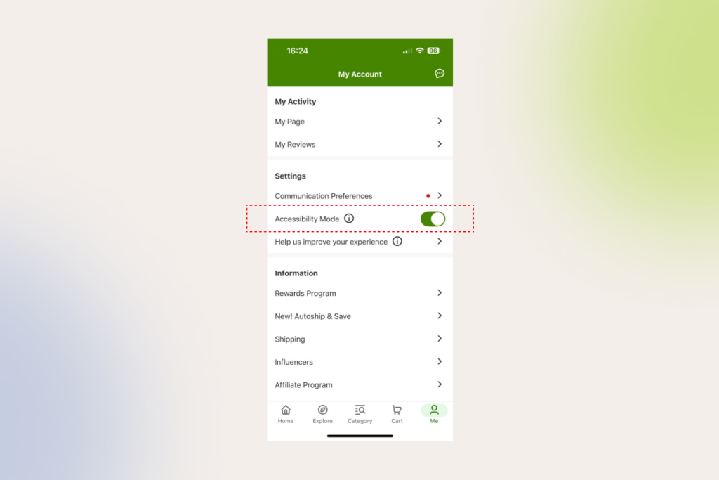iHerb accessibility mode
