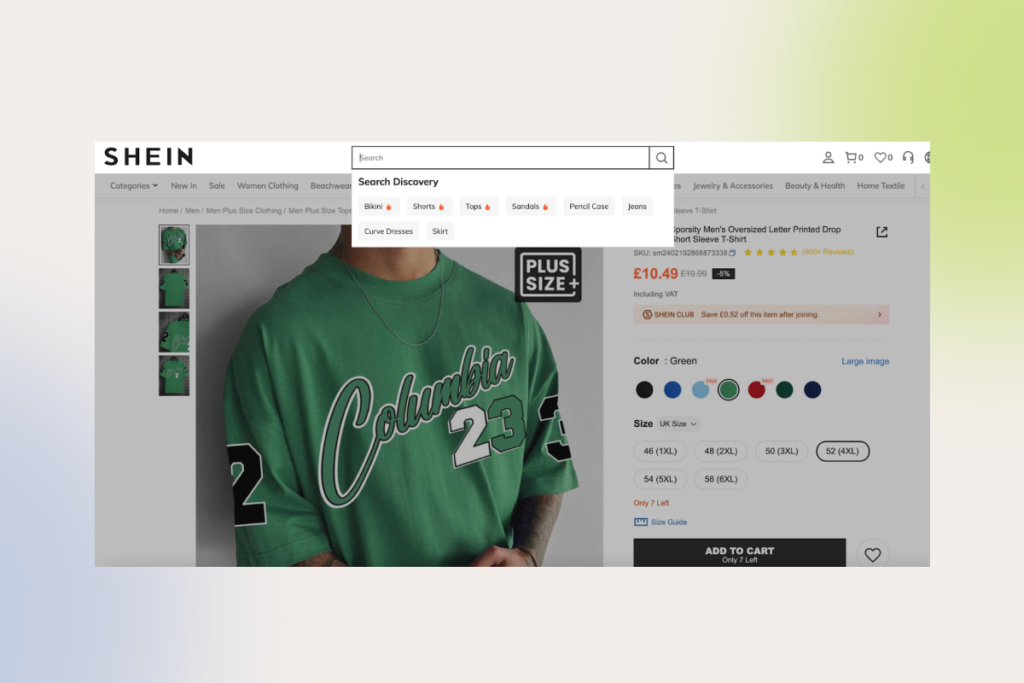 Shein's search bar with search suggestions for trending items