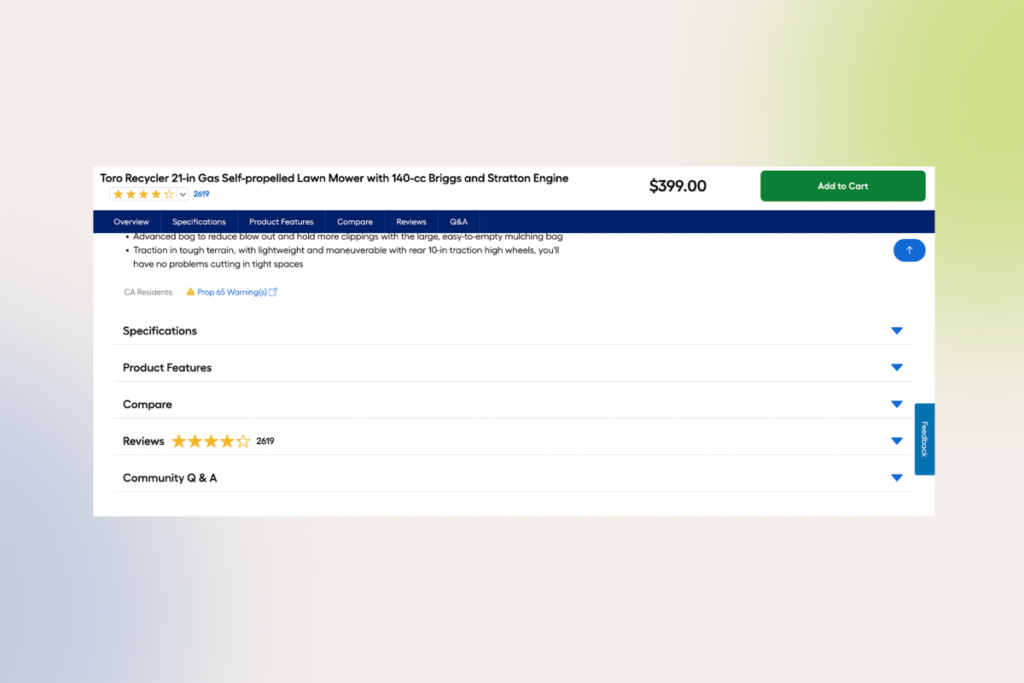 vertically collapsed sections on a product page