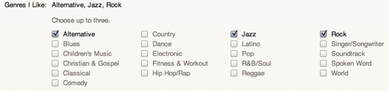 A music genre selection form with checkboxes. Alternative, Jazz, and Rock are checked. Other options, like Blues, Classical, Hip Hop/Rap, Pop, and more, are unchecked. Instructions above say, Choose up to three.