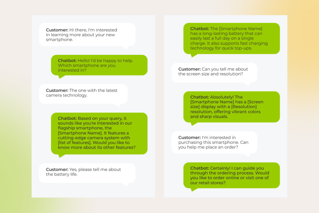 The conversation shows a chatbot helping a customer with smartphone features, including camera tech, screen size, and order placement
