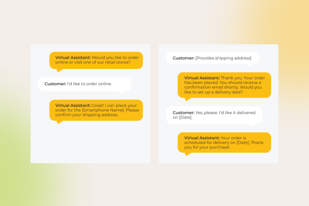 The conversation shows a virtual assistant helping a customer place an online order, confirm the shipping address, and schedule delivery.