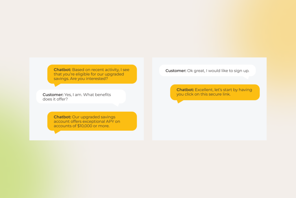 The conversation shows a chatbot helping a customer learn about upgraded savings benefits and guiding them to sign up