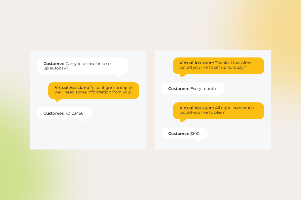 The conversation shows a virtual assistant helping a customer set up autopay by gathering information about frequency and payment amount.
