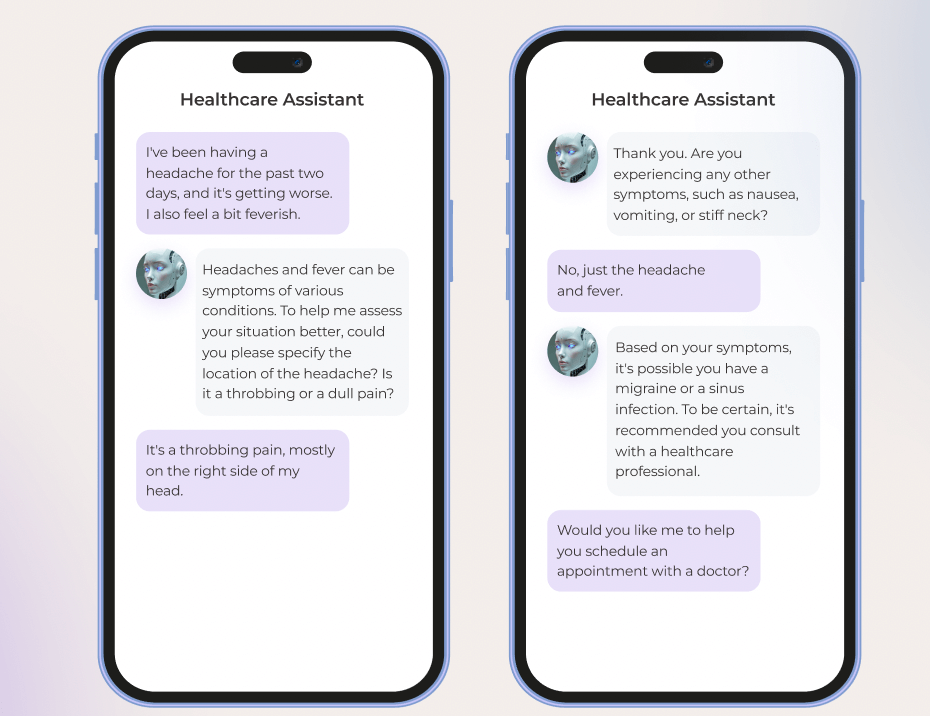 Discussing symptoms of a headache and fever with a healthcare conversational chatbot.