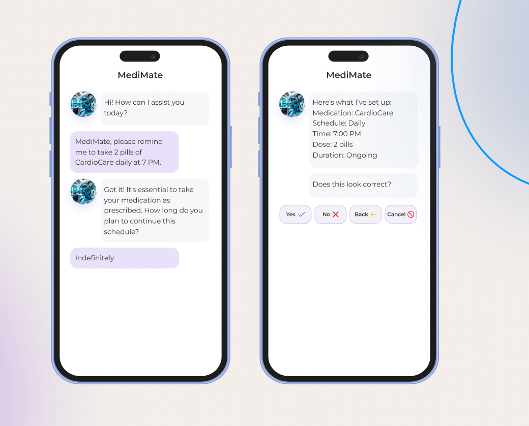 MediMate chatbot helps a user set a daily reminder to take medication, confirming the schedule details.