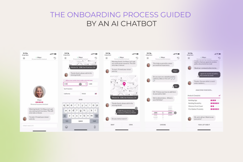 screenshots of a banking app with onboarding process guided by an AI chatbot