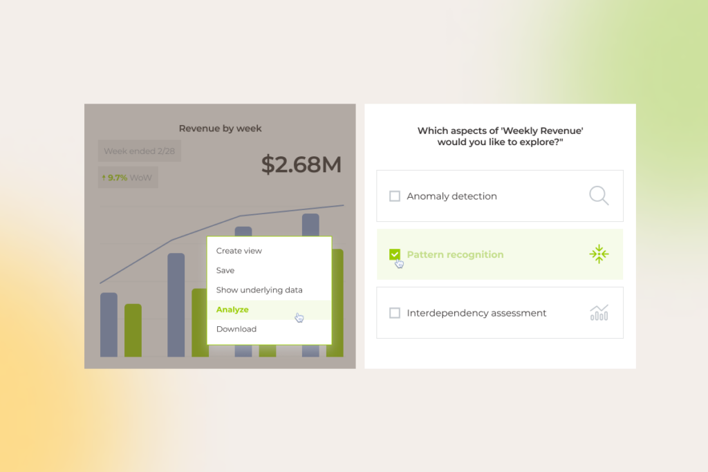 Data analysis dashboards with a revenue chart and an 'Analyze' option selected, highlighting 'Pattern recognition'