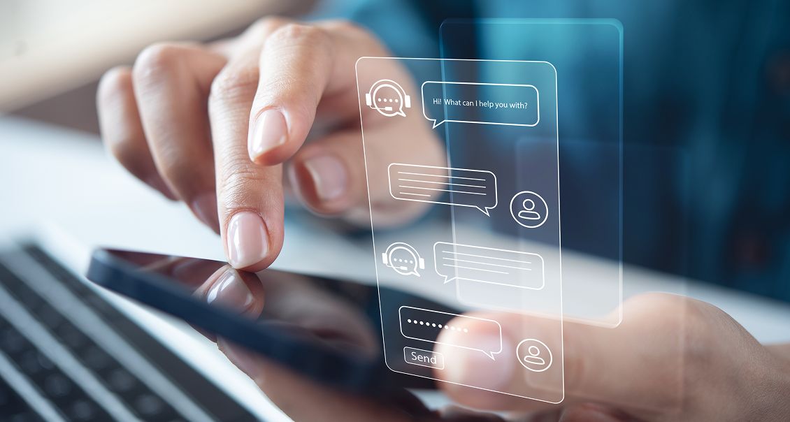User interacting with AI chatbot features on a smartphone with digital message icons overlay