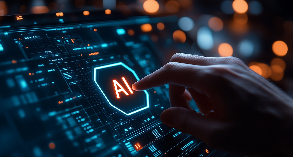Hand interacting with digital AI interface, symbolizing futuristic artificial intelligence technology