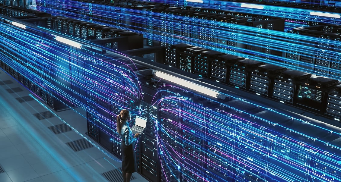 Advanced data visualization overlay in a high-tech data center for enterprise solutions