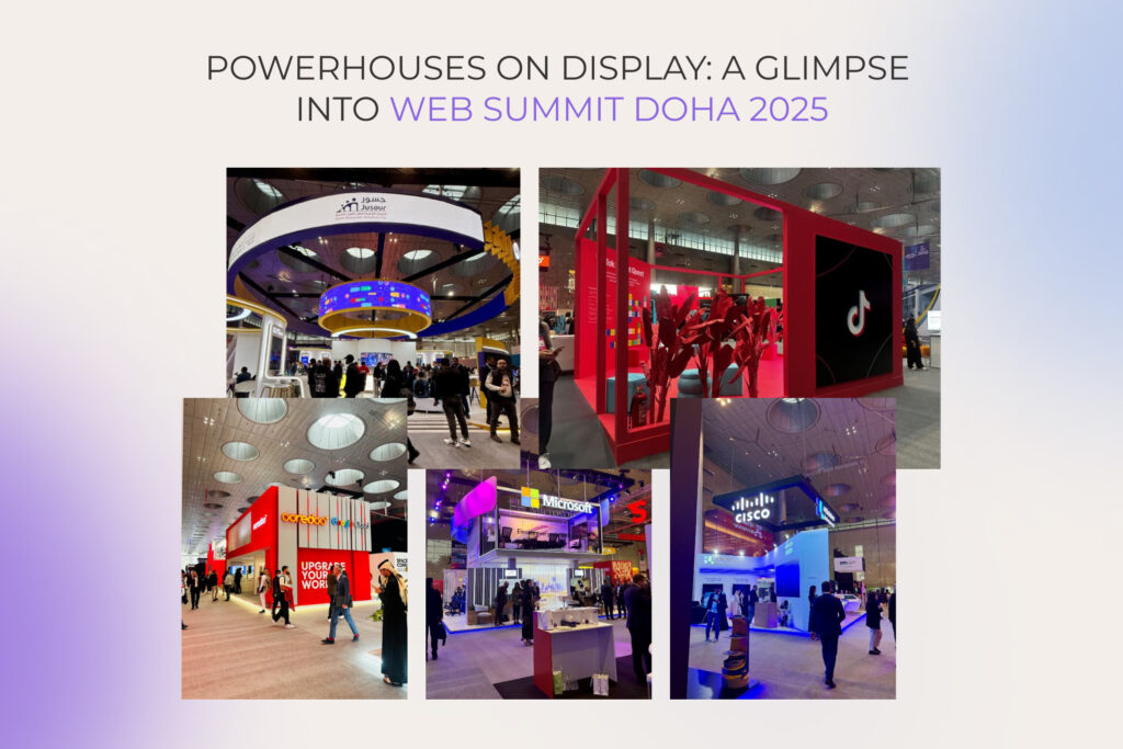 Tech company booths at Web Summit 2025 in Doha, featuring Microsoft, TikTok, Cisco