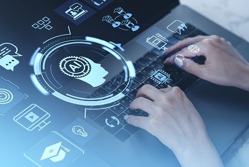 Futuristic interface with AI-powered analytics controlled by a person's hands