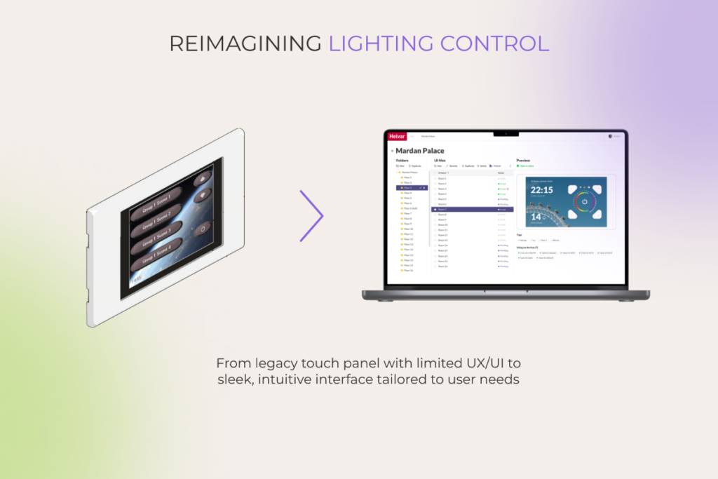 Modern lighting interface on laptop replacing outdated wall-mounted touch panel control system