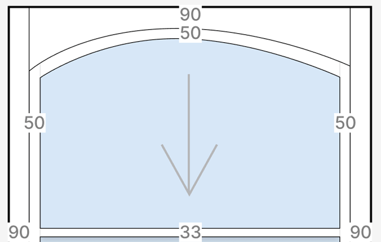 A diagram shows a blue shaded area beneath a curved arch. The arch is bordered by black lines, with numbers: 90 at the top, 50 at the sides, and 33 at the bottom center. A gray downward arrow points from the top to the bottom.