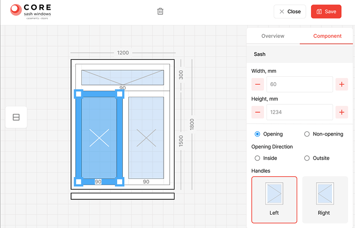 Screenshot of a window design interface showing a diagram of a double-pane window with measurements. The left pane is selected, with the option for the sash to open left. Controls on the right adjust width, height, opening, and handle direction.