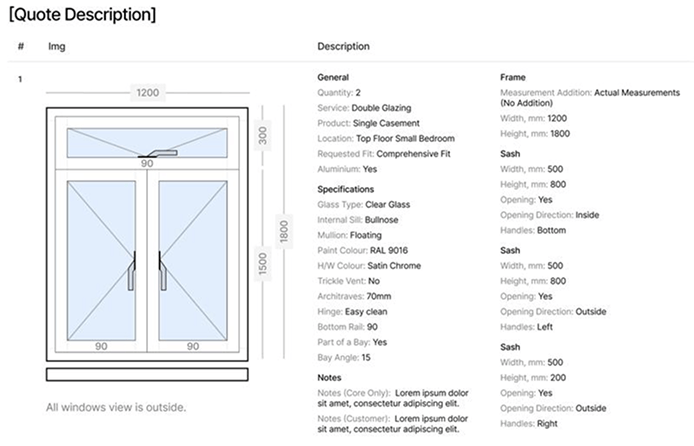A technical diagram of a double-glazed window with measurements. The window is 1200mm wide and 1500mm high, opens outward, and features two sashes with triangular symbols indicating handle positions. Next to the diagram is a detailed specification list.