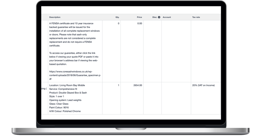 A laptop displaying a table with columns for Description, Qty, Price, Disc, Account, and Tax rate. Rows include product details like Locator: Living Room Bay Middle and a price of 2654.00, with links and guarantee information in the descriptions.