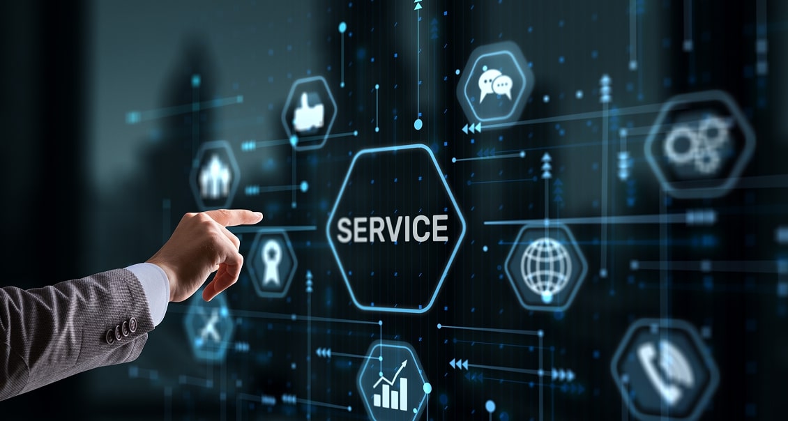 A person in a suit points to a virtual hexagonal button labeled “SERVICE” on a digital screen. Surrounding hexagons display icons for communication, global network, tools, chat, and analytics, suggesting digital business services and technology concepts.