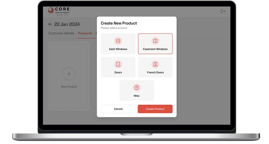 A laptop screen displays a software interface for creating a new product. A popup window shows options: Sash Windows, Casement Windows, Doors, French Doors, Misc. The Casement Windows option is highlighted. Behind, tabs and a Create Product button are visible.