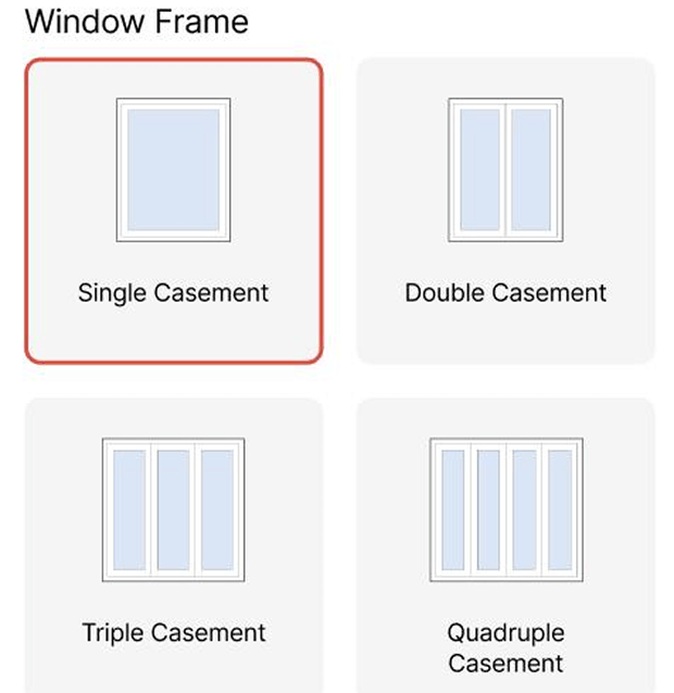 Diagram showing four window frame types: single casement (one window), double casement (two windows), triple casement (three windows), and quadruple casement (four windows). Each style is illustrated with simple blue rectangles.