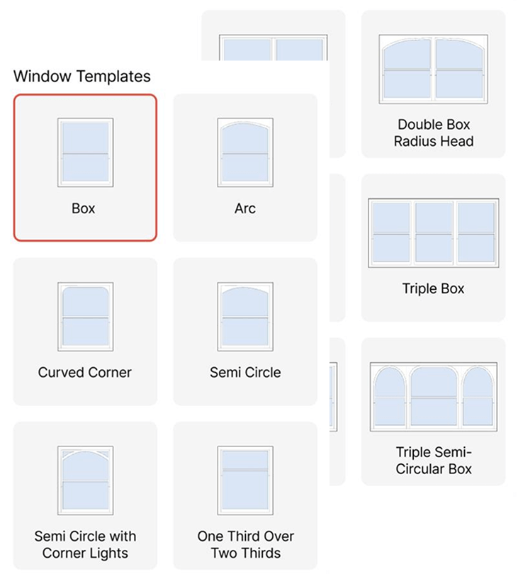 A digital interface displays various window templates in a grid. Options include Box, Arc, Curved Corner, Semi Circle, Semi Circle with Corner Lights, One Third Over Two Thirds, Double Box Radius Head, Triple Box, and Triple Semi-Circular Box.