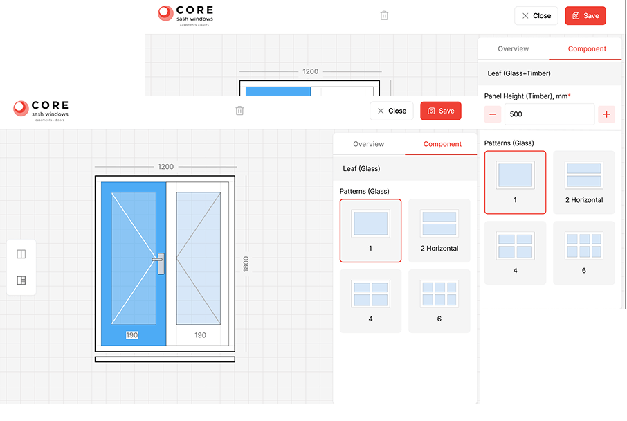 Screenshot of a window design app showing a vertical sash window with measurements, glass pattern options, and controls for saving or editing components. The interface includes tabs for overview and component, with pattern selection highlighted.