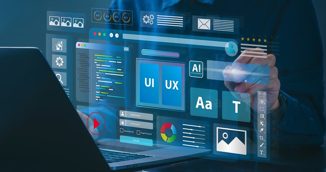 Designer analyzing UI/UX interface elements on a futuristic screen