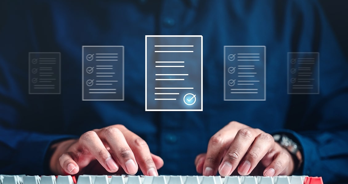 Hands on keyboard with project documentation interface floating above