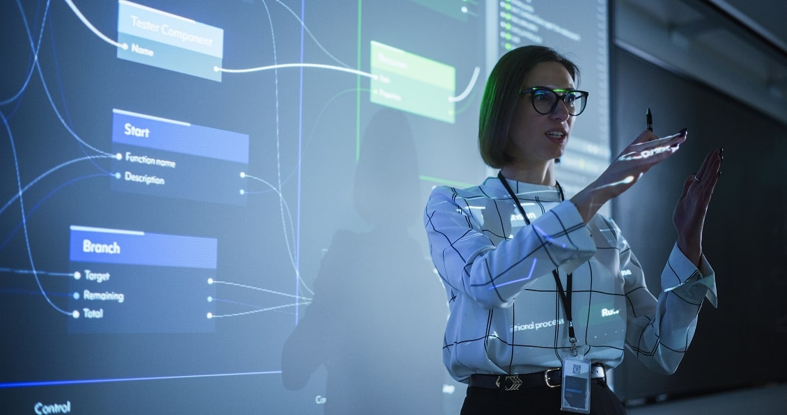 Presenter showing digital product roadmap on holographic interface