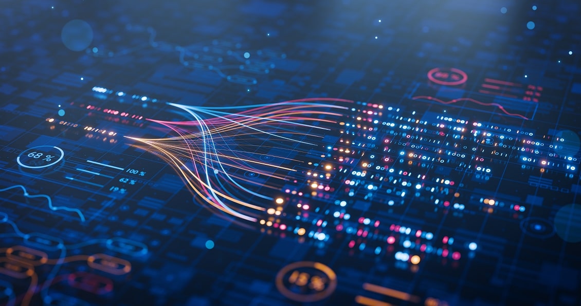 Abstract digital image showing colorful data streams converging and branching across a dark blue background filled with numbers, graphs, and technical elements, representing data analysis, machine learning, or artificial intelligence concepts.