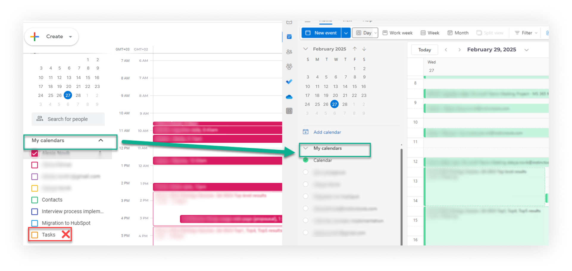 A Google Calendar interface shows the “Tasks” checkbox in the left sidebar being unchecked, with a green arrow pointing to its new status—unchecked and grayed out—causing the purple “Tasks” events to disappear from the main calendar view on the right.
