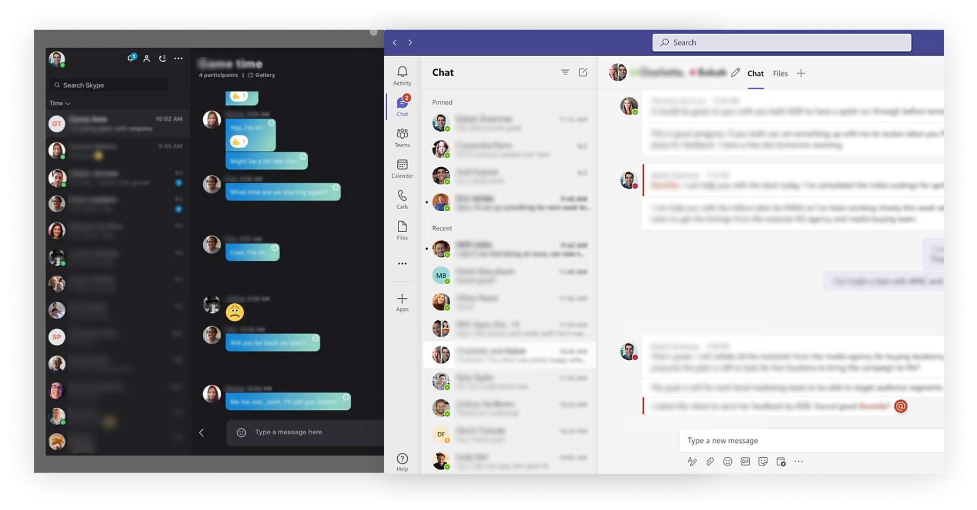 A split-screen shows two chat applications: WhatsApp Web on the left in dark mode with blue chat bubbles, and Microsoft Teams on the right in light mode with a list of contacts and an open chat. Both display blurred-out messages for privacy.