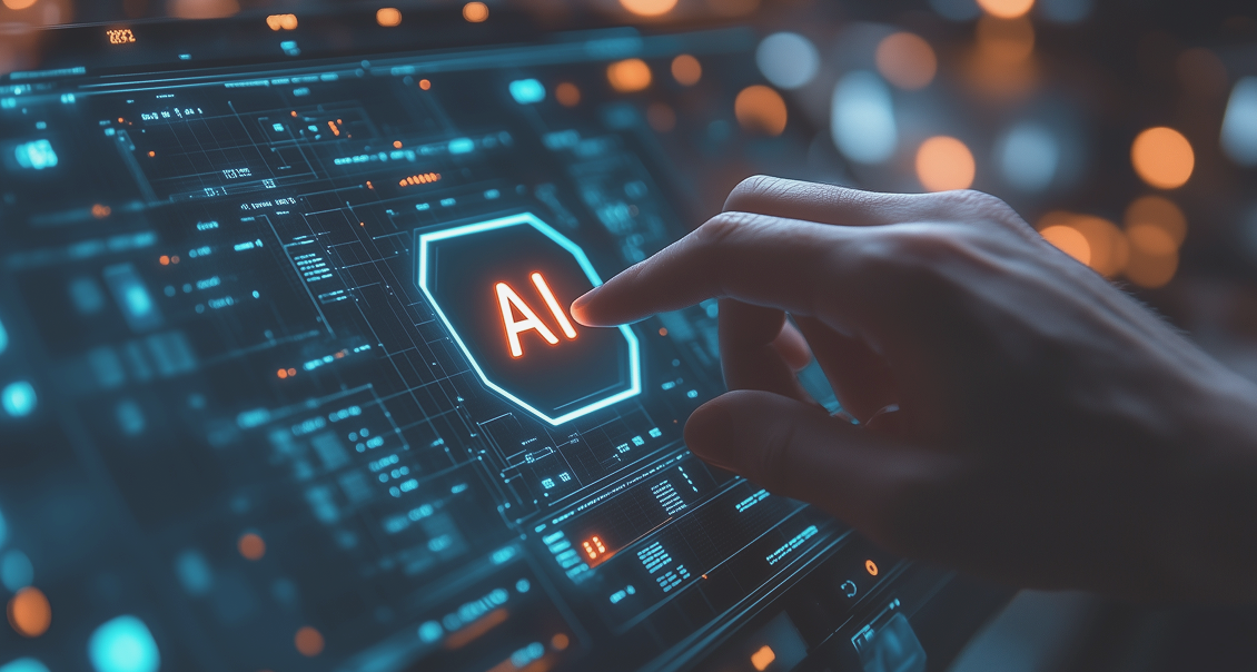 A hand points at a digital touchscreen displaying a glowing hexagonal icon labeled AI. The interface features futuristic blue and orange graphics, charts, and circuit-like patterns, suggesting advanced technology and artificial intelligence concepts.