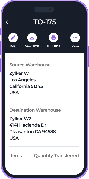 A smartphone screen displays a transfer order labeled TO-175. It shows source warehouse Zylker W1 in Los Angeles, California, and destination warehouse Zylker W2 at 4141 Hacienda Dr, Pleasanton, California. Edit, PDF, and more icons are at the top.