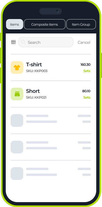 A smartphone screen displays an inventory app. The “Items” tab is active. Visible items include a yellow T-shirt (SKU: KKP003, price: 160.30 sets) and green shorts (SKU: KKP021, price: 80.10 sets). Other item slots are grayed out.